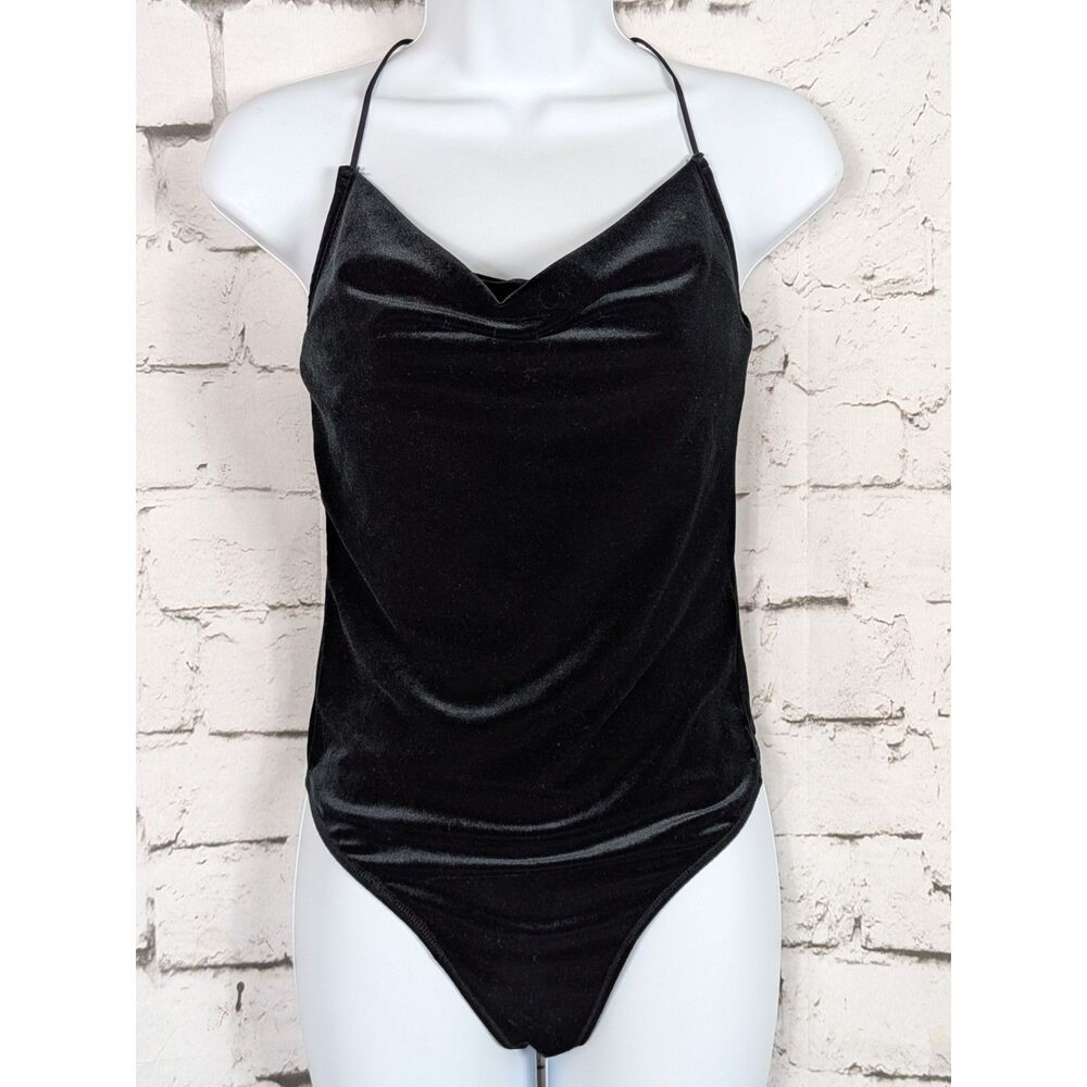 VINTAGE Y2K Abercrombie & Fitch Black Velvet Drape Neck Thong Bodysuit Small